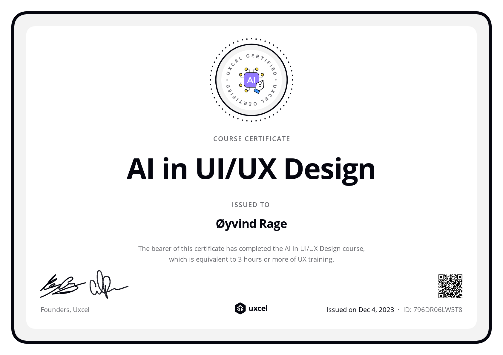 Øyvind Rage's certificate